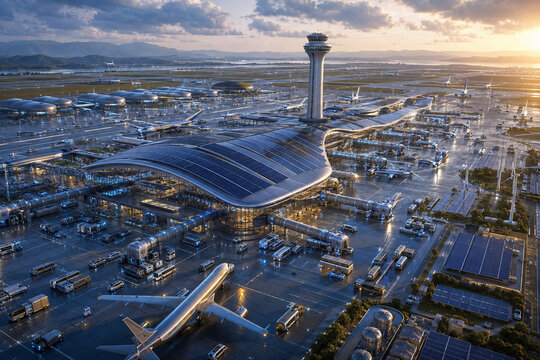 Sustainable International Airport Architecture Operating Electric Support Fleet at Dusk