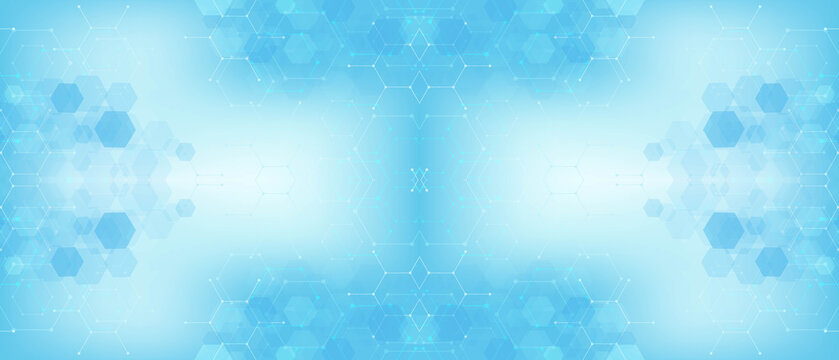 Abstract digital background featuring geometric hexagonal patterns with soft blue gradients and intricate molecular connection lines