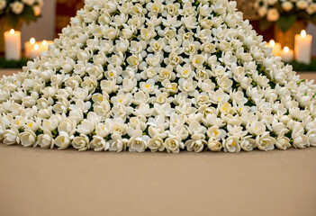 Fototapeta premium Abundant white jasmine flower arrangement with candles in the background, wedding and celebration decor, Abundant white jasmine flowers are arranged in a decorative display
