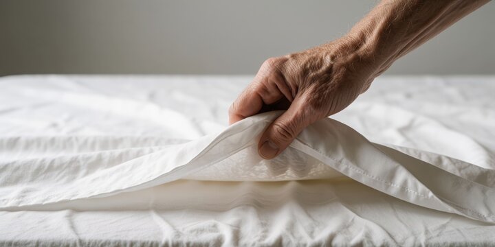Elderly man making white bed linens in a bedroom, representing daily routine, housekeeping, and care