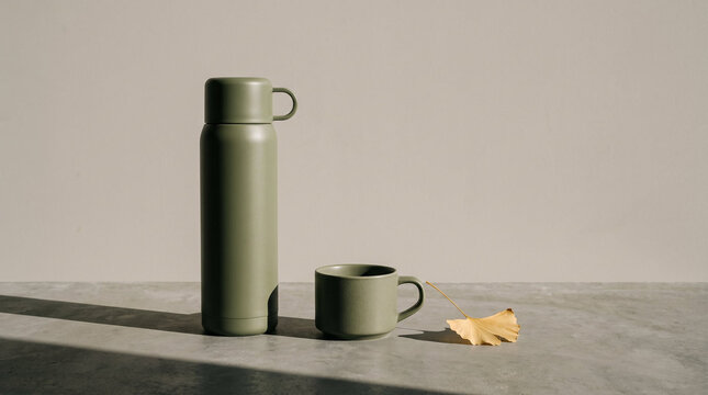 Matte olive green thermos flask and matching mug with dried leaf on stone surface under sharp shadows with copy space