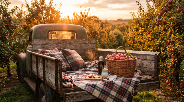 Vintage pickup truck with apple basket and plaid blanket in flatbed parked in sunlit orchard at sunset
