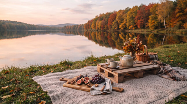 Cozy autumn picnic with teapot and fresh figs on blanket by calm lake reflecting colorful forest at sunset