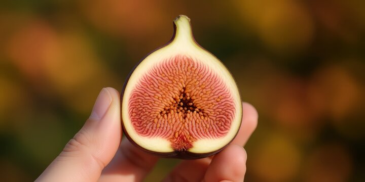 Fresh ripe fig sliced in half held in a hand showcasing detailed interior seeds and texture for culinary and healthy nutrition themes