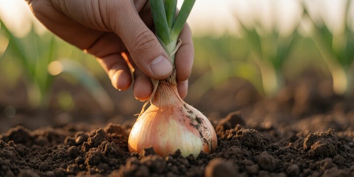 Farmer harvesting fresh organic onion in a garden soil field, agricultural production and sustainable farming concept close up view