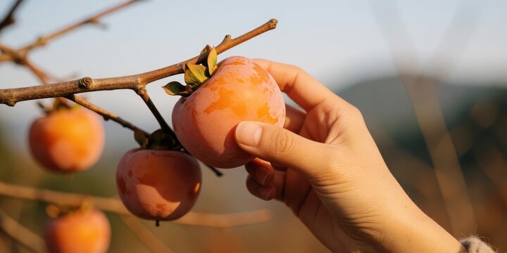 Woman harvesting ripe sweet persimmons from tree branch in autumn orchard agricultural concept