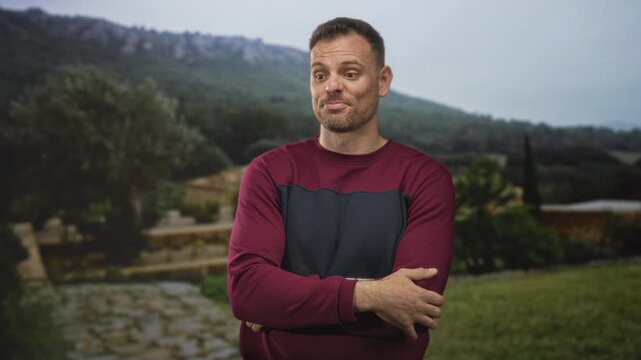 Young man in maroon sweater folding hands and shrugging in a forest landscape by a stone path and grassy hill; mild skepticism.