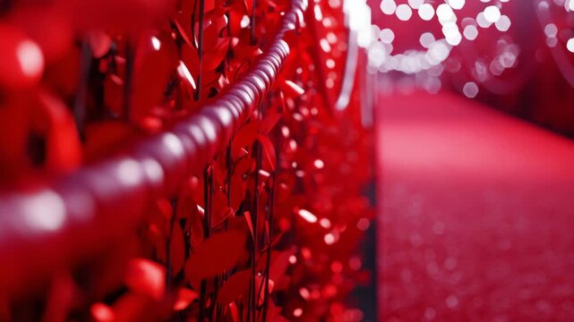 A vibrant red walkway lined with heart-shaped decorations, creating a festive and romantic atmosphere for events or hoots.