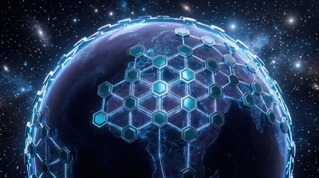A futuristic digital earth featuring a glowing hexagonal network grid set against a starry cosmic background