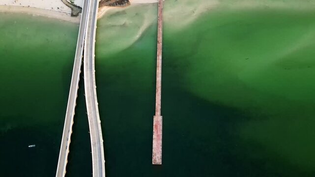 Top down aerial view of Progreso Pier and bridge in Mexico