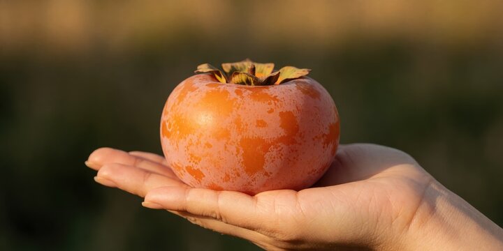 Fresh ripe persimmon fruit held in a human hand representing autumn harvest agriculture and healthy organic food supply