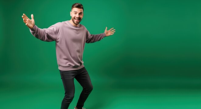 Trendy young man engaging viewers with enthusiastic arm movements against keyable green screen.