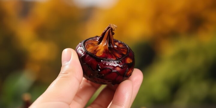 Fresh water chestnut held in hand close up, healthy organic vegetable and autumn harvest concept