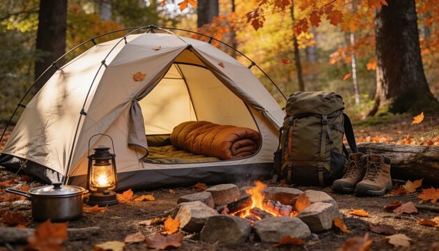 Autumn Camping Equipment Flat Lay on Fallen Leaves with Compact Tent Accessories Sleeping Bag Backpack Lantern Cooking Kit Hiking Boots and Water Bottle, Premium Outdoor Adventure Photography