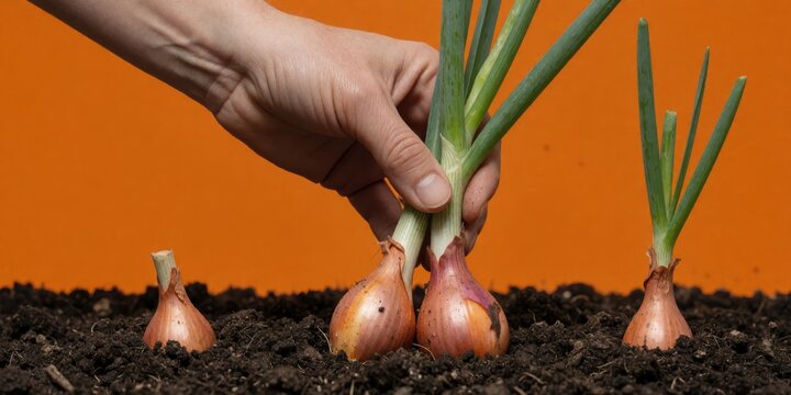 Gardener hand harvesting fresh growing shallots from dark soil background for culinary and agricultural concepts