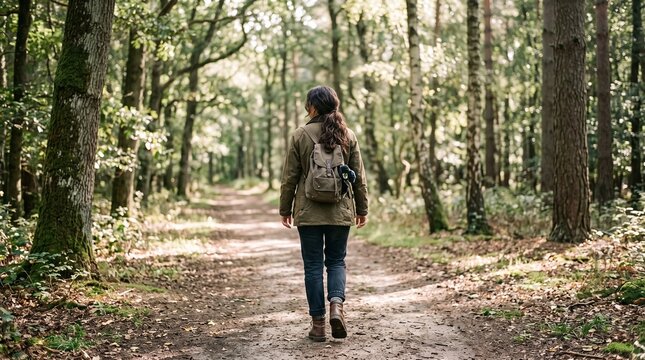 A woman with a backpack walks away down a sunny dirt trail through a dense green forest surrounded by tall deciduous and pine trees, hiking, adventure