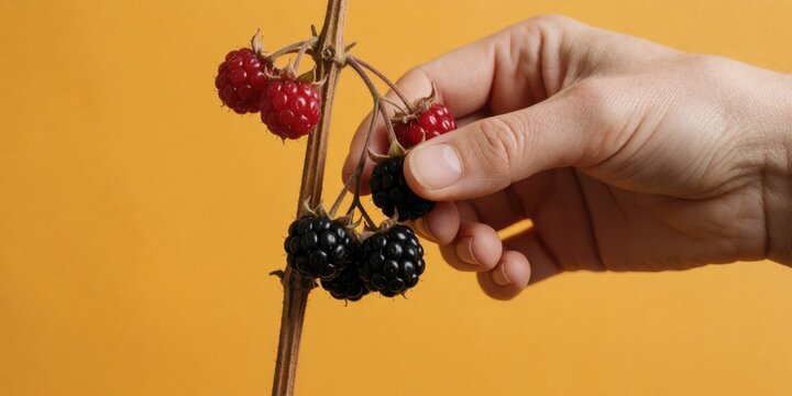Person picking ripe blackberries and raspberries from branch against yellow background close up