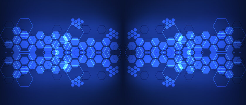 Abstract blue digital background featuring glowing hexagon geometric patterns arranged in a symmetric modern technological layout