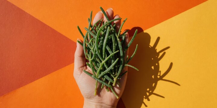 Fresh green samphire glasswort edible marsh succulent plant held in hand on bright colorful background for culinary food photography concept