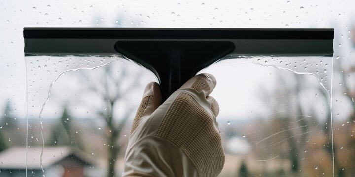 Gloved hand cleaning a wet window with a squeegee, showcasing professional home maintenance and window washing services for commercial and residential buildings