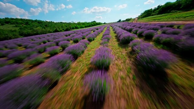 FPV aerial view of lavender fields in Fruska Gora with motion blur over the rolling hills of the landscape in Serbia.