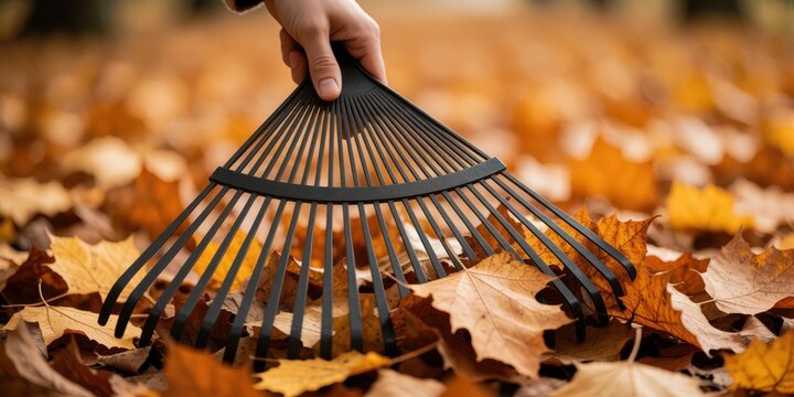 Person raking autumn leaves in a garden yard, fall season clean-up and landscaping maintenance concept closeup
