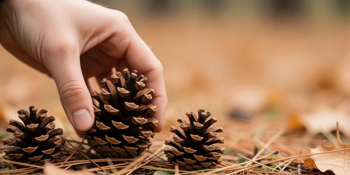 Person picking up pinecone in forest autumn nature outdoors concept for seasonal gathering and forest foraging photography