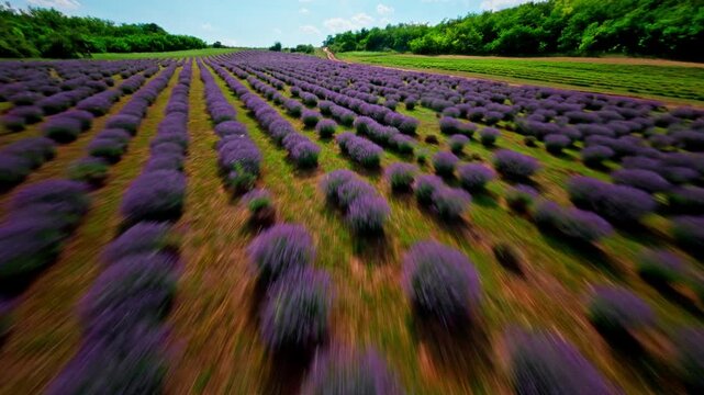 FPV aerial view of rows of blooming purple lavender plants in the rolling hills of Fruska Gora, Serbia.