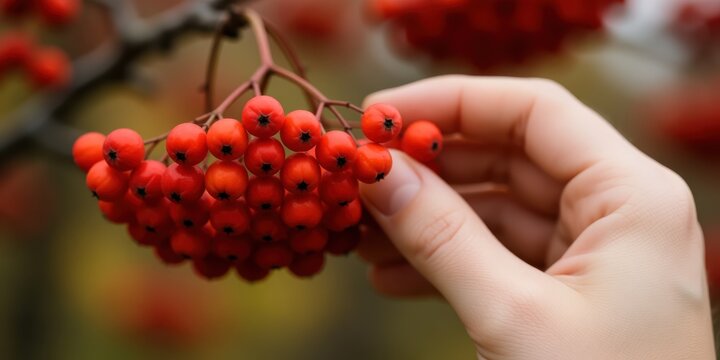Woman harvesting ripe red rowan berries from tree branch in autumn forest outdoors nature