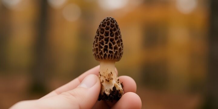 Fresh wild morel mushroom held in a hand during foraging in the forest for culinary use and gourmet cooking