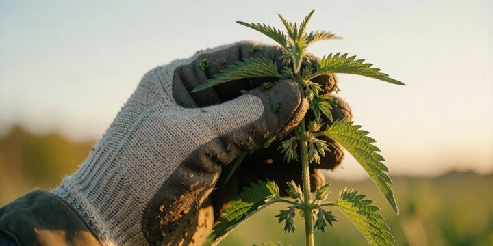 Gardener in protective gloves harvesting stinging nettle plant outdoors, representing organic farming and wild herb harvesting concepts