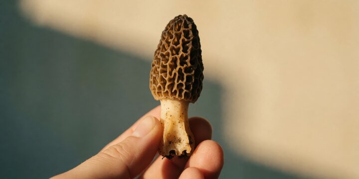 Fresh wild morel mushroom held in hand outdoors, symbolizing gourmet foraging, spring harvesting, and culinary nature photography