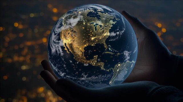A person's hand cradling a globe of the world against a city nightscape background. Symbolic representing environmental awareness and global unity.