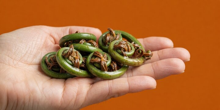 Fresh green fiddlehead ferns held in an open palm against a solid orange background showcasing foraging ingredients and seasonal wild edible plants