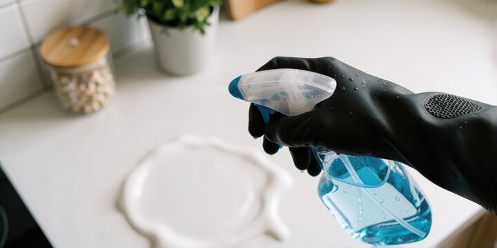 Person wearing black rubber gloves spraying blue detergent cleaner on a white kitchen countertop to clean a spill representing housework and sanitization