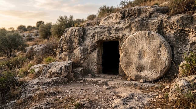 Rolled Away Stone from Jesus Christ's Tomb - Biblical Resurrection Scene, Empty Tomb at Dawn