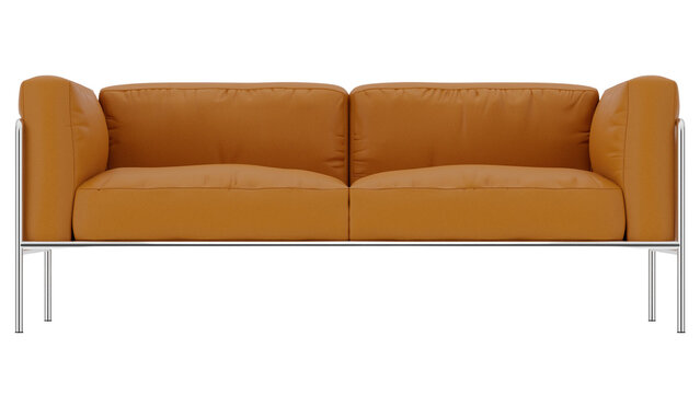 Modern orange leather two-seater sofa with chrome metal frame isolated on white background with PNG transparency path for architectural interior design
