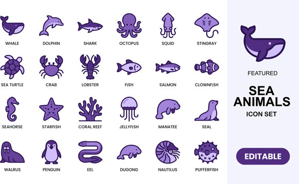 Set of Sea Animals Vector Icons including marine life creatures for ocean design