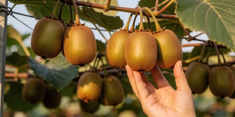 Farmer hand harvesting fresh ripe fuzzy kiwifruit on vine in orchard, organic agriculture production and healthy fruit harvest concept