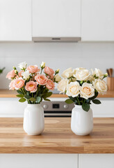 Obraz premium Two white vases with pink and cream roses on a wooden kitchen counter, home decor and interior design concept, this floral arrangement adds a touch of elegance and freshness to the home decor