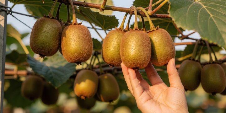 Farmer hand harvesting fresh ripe fuzzy kiwifruit on vine in orchard, organic agriculture production and healthy fruit harvest concept