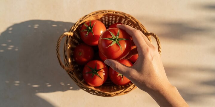 Fresh red tomatoes in a wicker basket being picked by a hand, representing organic harvesting, healthy food, and farming concepts.