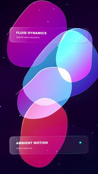 Vertical abstract motion graphic featuring fluid neon gradient blobs in pink, blue, and purple on a dark background with glassmorphism UI panels and floating ambient particles.