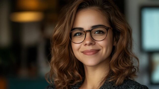 Young woman wearing eyeglasses with a contented smile on her face.