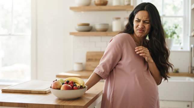 Pregnant woman experiencing morning sickness and food aversion in the kitchen. Disgusted expecting mother looking away from a bowl of fresh fruit. Prenatal health and nausea concept