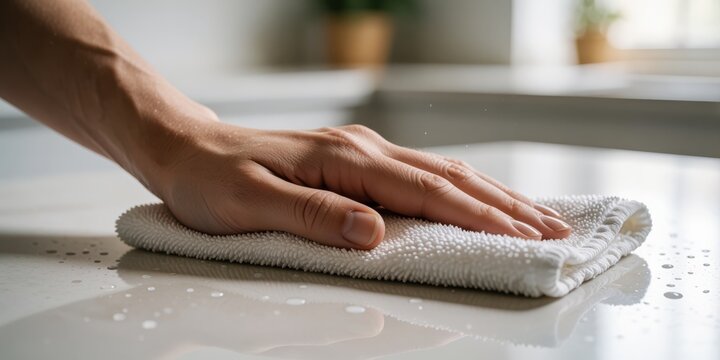 Close up of an adult caucasian woman cleaning and wiping a white kitchen countertop with a microfiber cloth