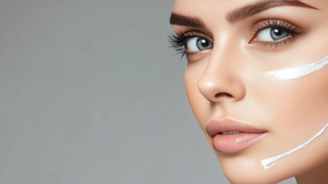 Close-up of a woman showcasing her flawless skin and makeup application techniques.