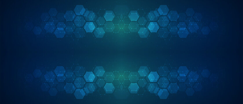 Abstract blue background featuring glowing geometric hexagons with connected lines representing modern scientific digital network technology