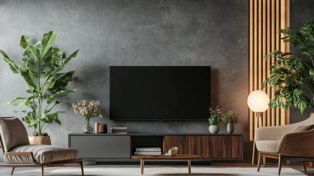 Elegant living room setup featuring a wall-mounted television and stylish wooden furniture.