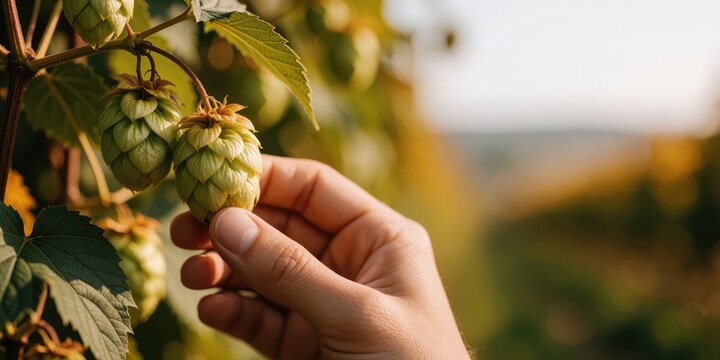 Close up of a human hand picking fresh green hops in a hop garden during harvest season for craft beer brewing industry